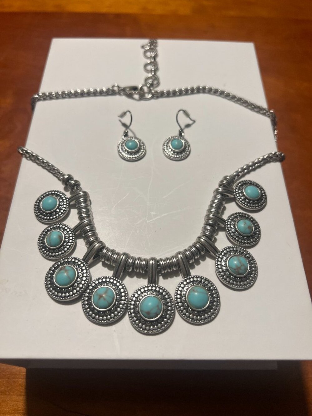 Lucky Brand Silver Necklace and Matching Earrings, Turquoise with Adj. Chain